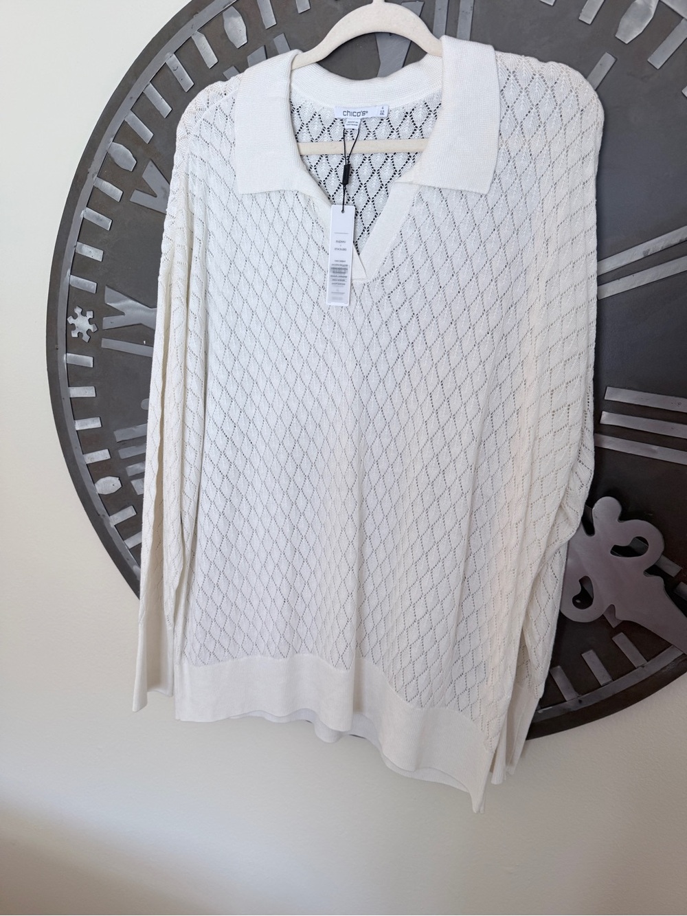 Chico's Cream Open-Knit V-Neck Polo Sweater